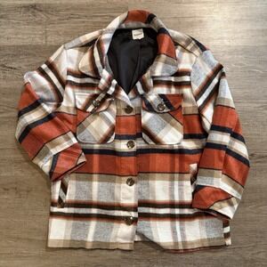 Kensie Jeans Plaid Shacket Button Down Oversized Shirt Jacket Orange Brown M